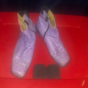 Lavender Ostrich print 3/4 ankle boots.